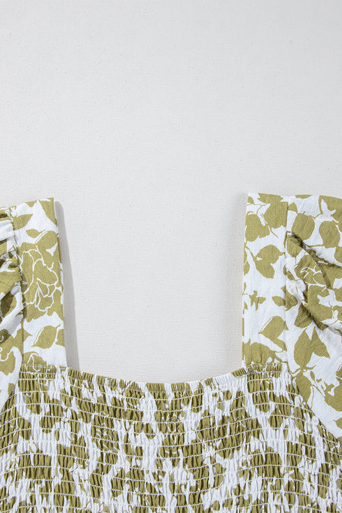 Prairie Charm Floral Smocked Puff Sleeve Tiered Rick Rack Midi Dress